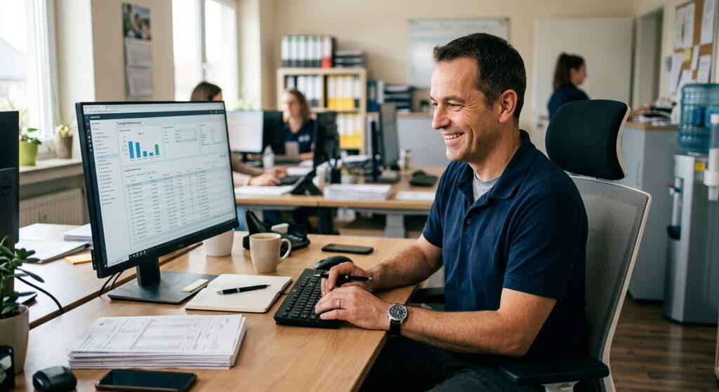 Glücklicher Mann bei der Arbeit Krankentransport-Abrechnungen mit Software organisieren So gelingt es